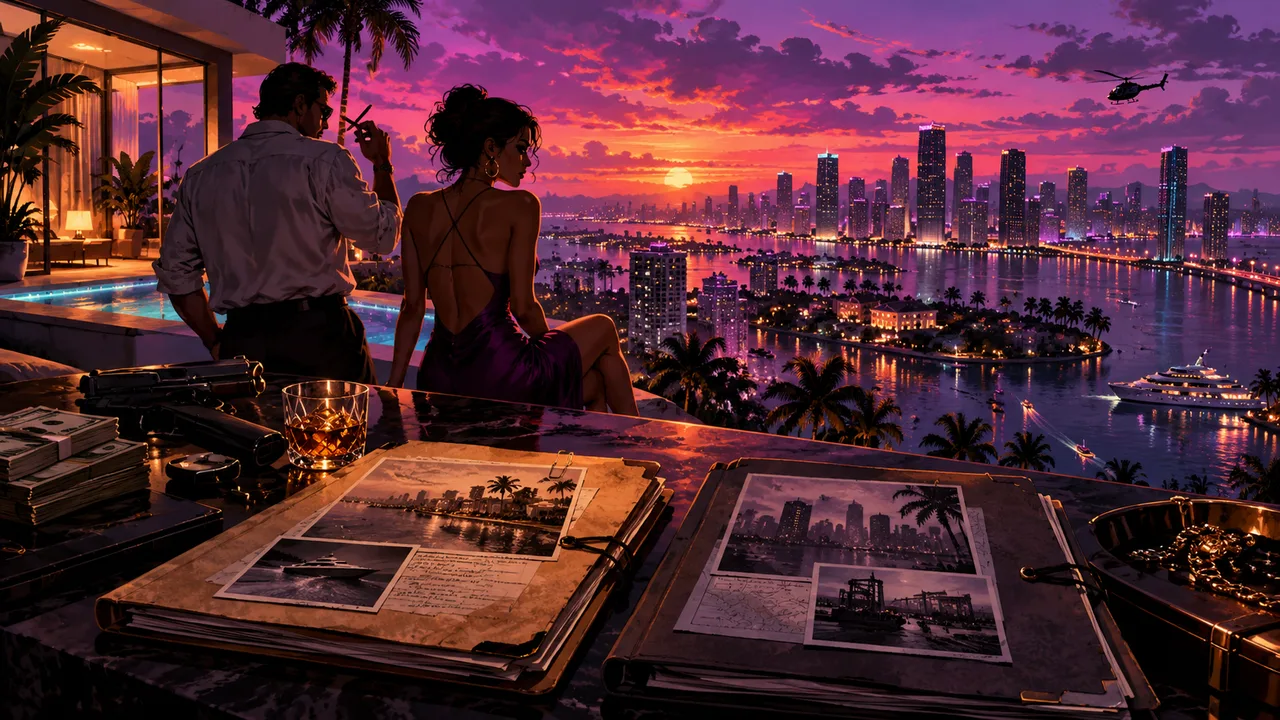 AI illustration: Two case files on a desk overlooking a coastal metropolis at violet dusk.