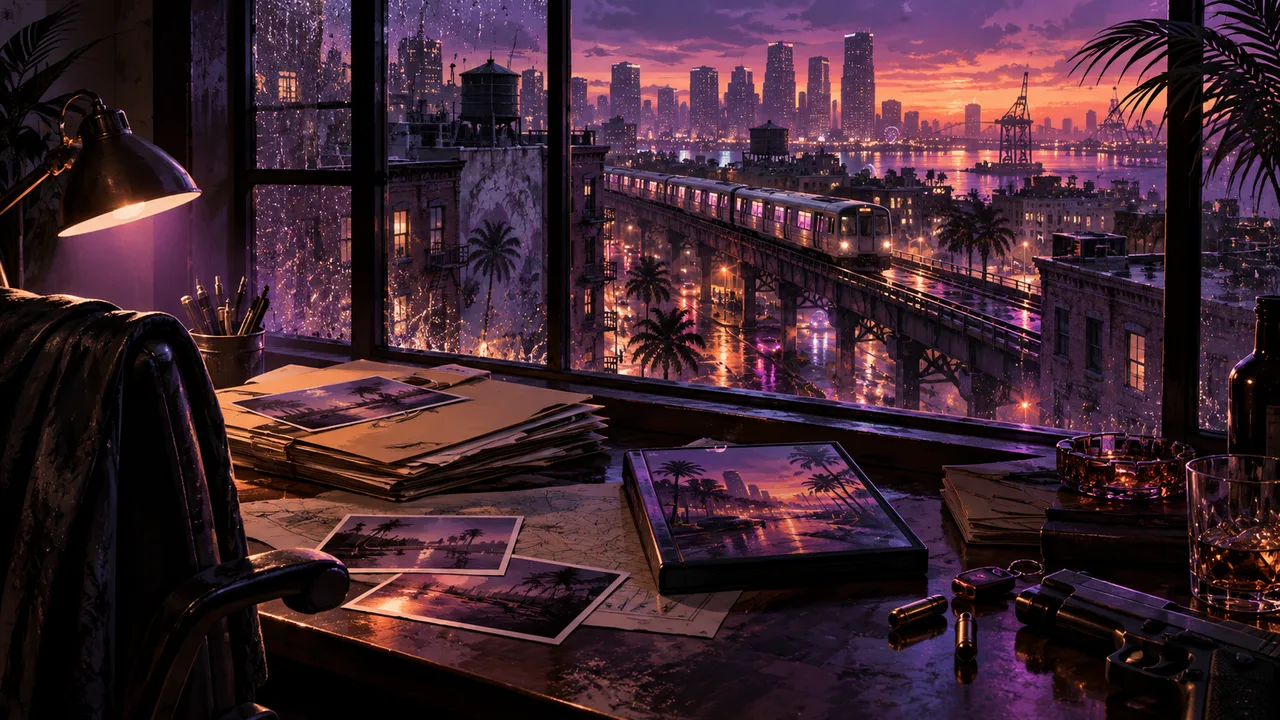 AI illustration: Archive folders beside a window overlooking rainy rooftops and an elevated railway.