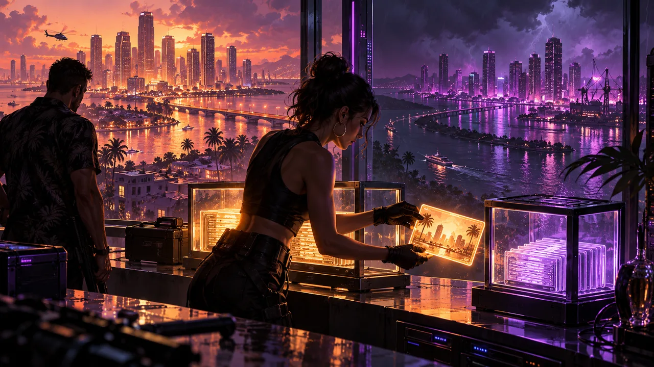 AI illustration: A glowing archive card moving between glass boxes against two separate city views.