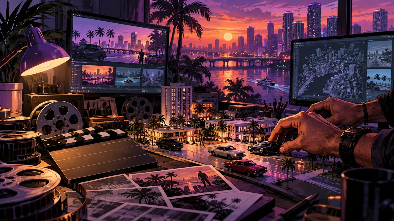 AI illustration: Film reels, a blank clapperboard and miniature cars on an editing studio desk.