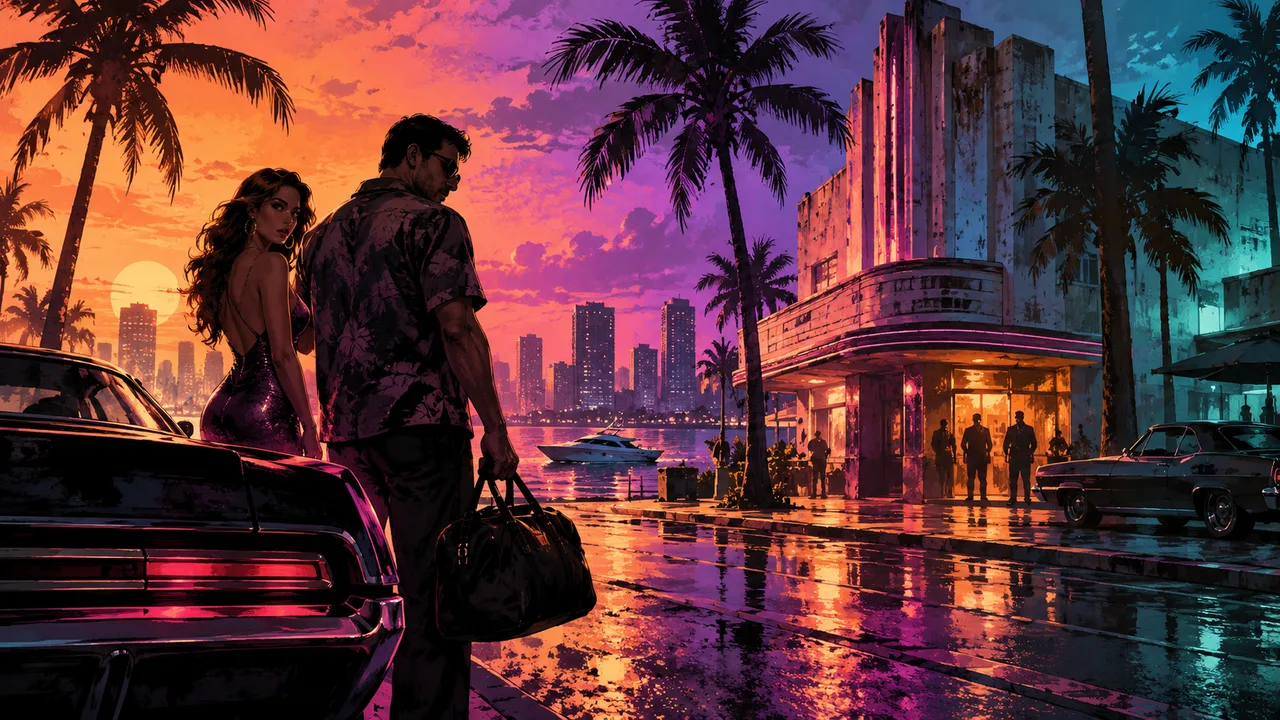AI illustration: A fictional boulevard depicted under contrasting sunset, violet and turquoise light.